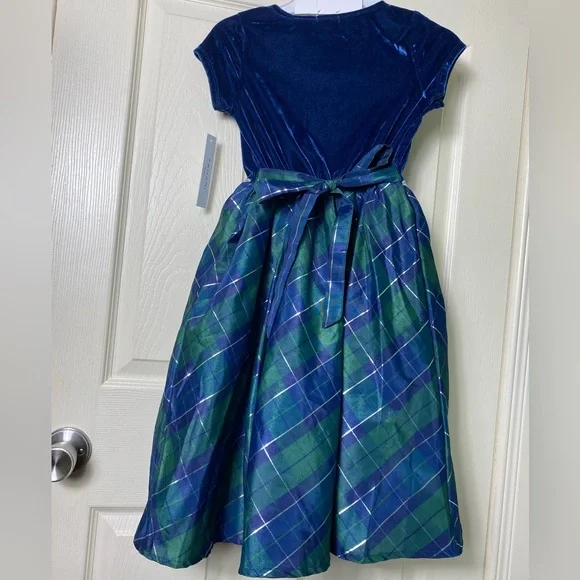 Tahari | NWT Girl’s Blue Green Plaid Velvet Dress & Matching Headband - 8 - Picture 7 of 9